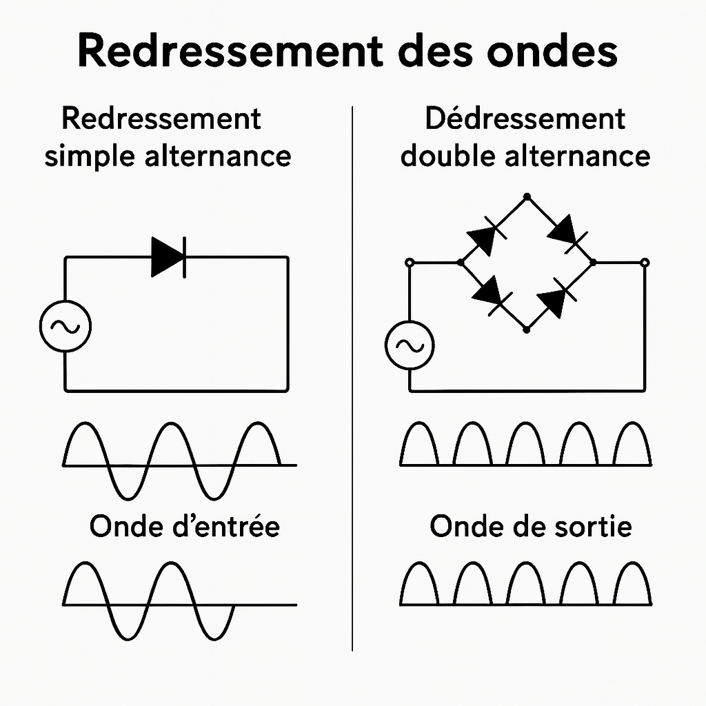 Schéma de redressement demi-onde et pleine onde pour les Redresseurs de Courant